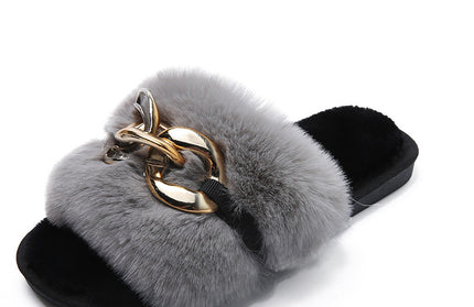 Winter New Style Round Head Metal Chain Multicolor One Line Wool Slippers - Hey Love Boutique