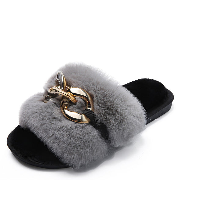 Winter New Style Round Head Metal Chain Multicolor One Line Wool Slippers - Hey Love Boutique