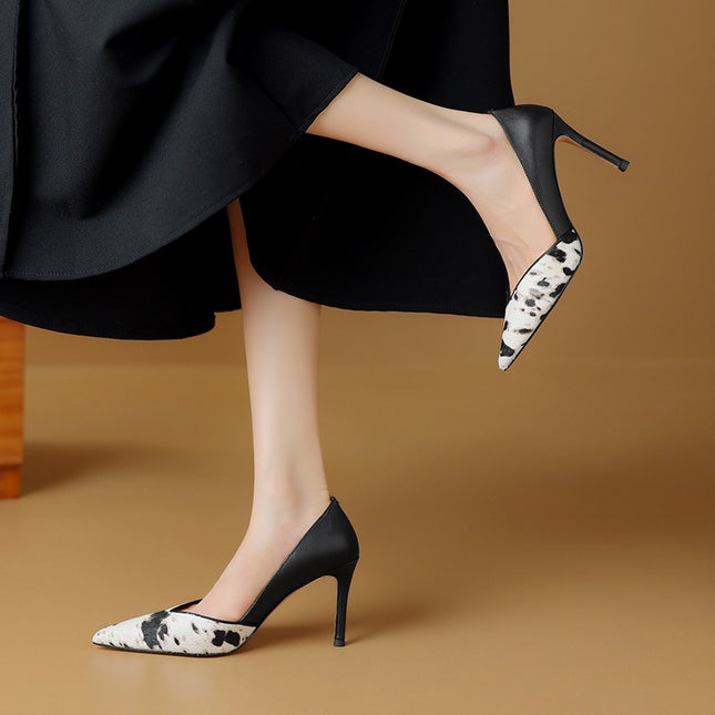 Pointed thin high heels, color blocking horse hair, sexy spicy mom, banquet single shoes for women