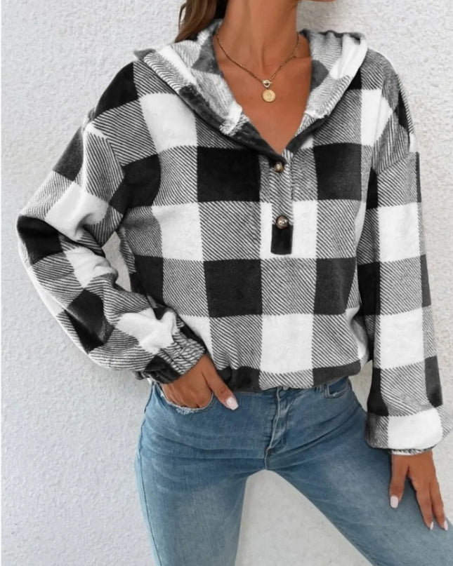 Checkered Open Collar Casual Hoodie