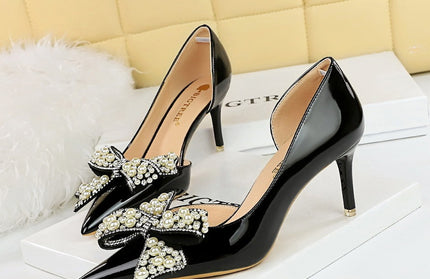 Pointed side hollow pearl rhinestone bow women's shoes with super high heels