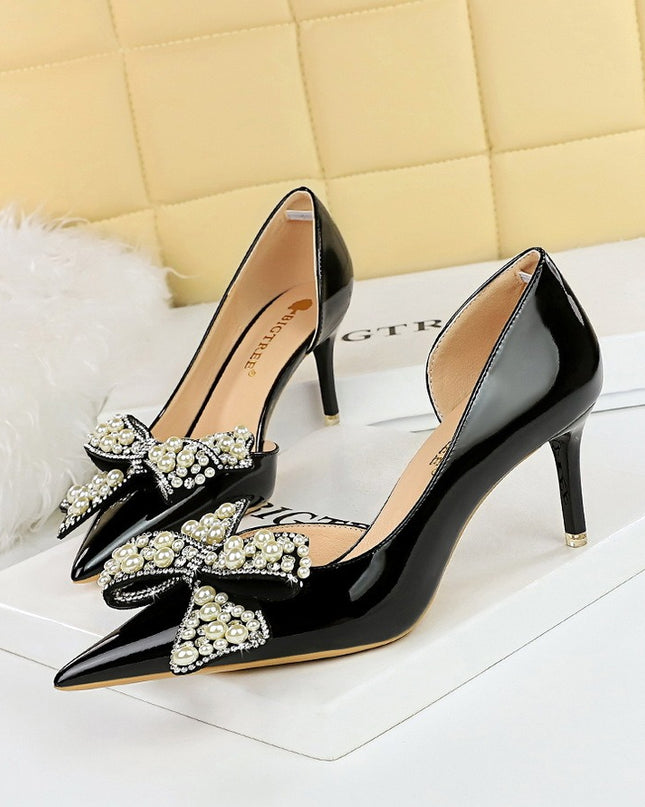 Pointed side hollow pearl rhinestone bow women's shoes with super high heels