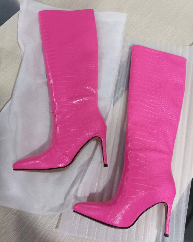 Pointed Toe Crocodile Pattern Knee Thigh Boots