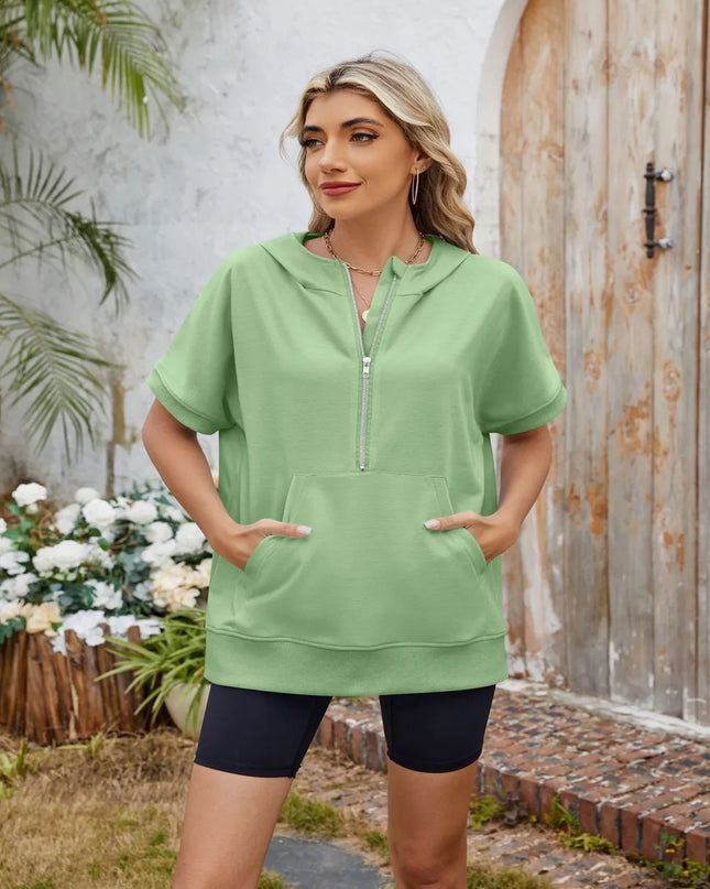 Half Zip Short Sleeve Hooded Top