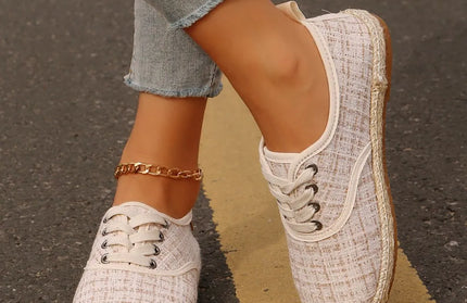 Lace Up Round Toe Flats Tweed Sneakers