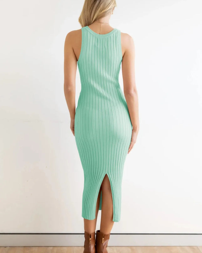 Slit Ribbed Round Neck Sleeveless Dress