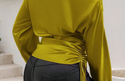 Drawstring One Shoulder Long Sleeve Blouse