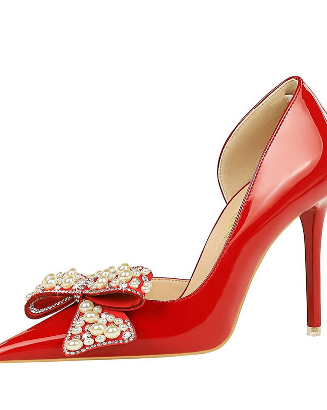 Pointed side hollow pearl rhinestone bow women's shoes with super high heels