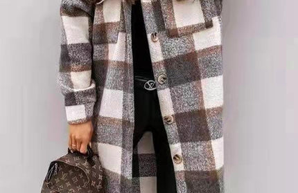 Spring And Autumn New Women's Plaid Brushed Medium Long Woolen Coat - Hey Love Boutique