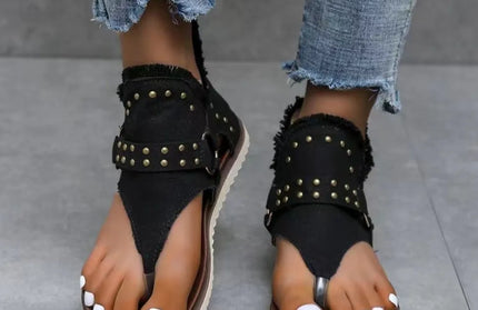 Studded Raw Hem Flat Sandals
