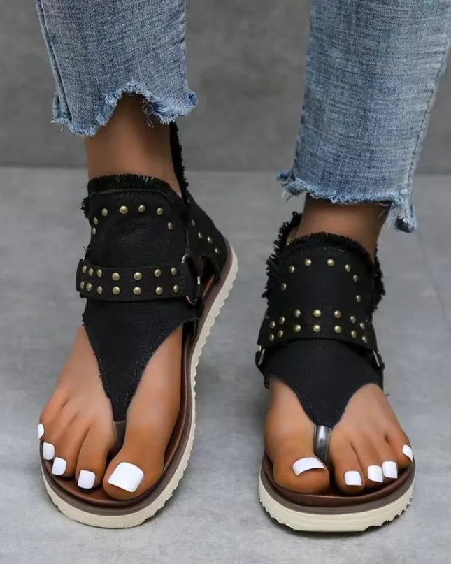 Studded Raw Hem Flat Sandals