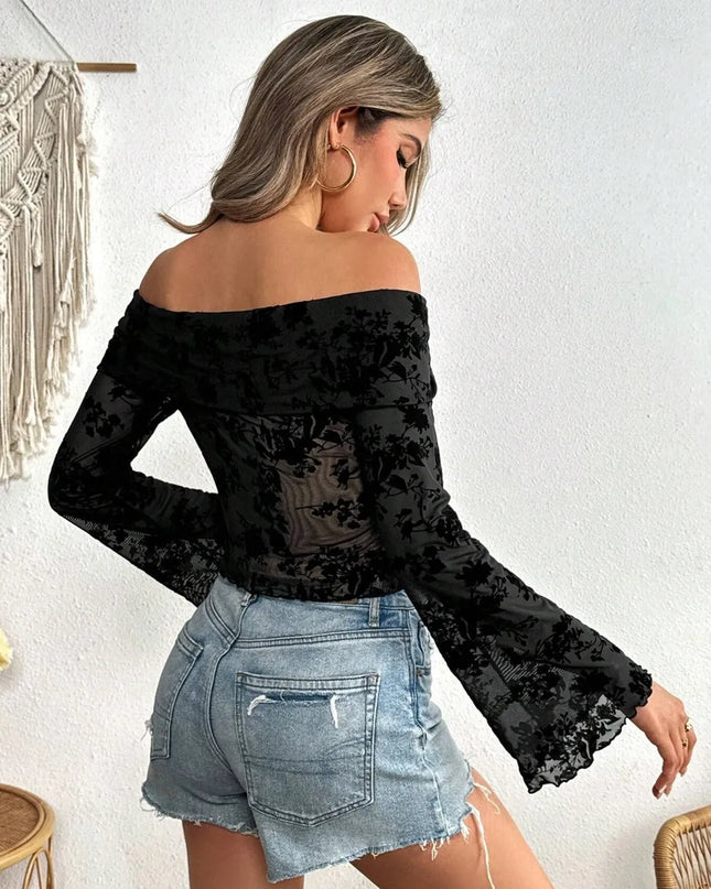 Off-Shoulder Flare Sleeve Lace Blouse