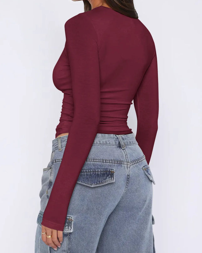 Ruched Asymmetrical Neck Long Sleeve T-Shirt