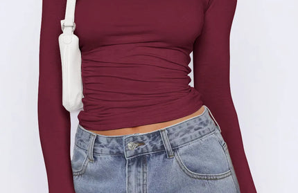 Ruched Asymmetrical Neck Long Sleeve T-Shirt