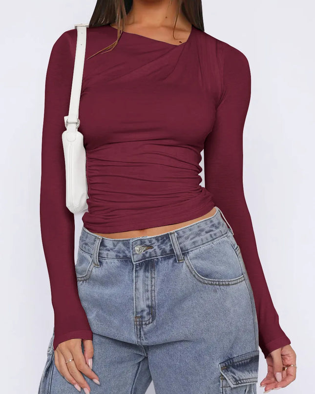 Ruched Asymmetrical Neck Long Sleeve T-Shirt