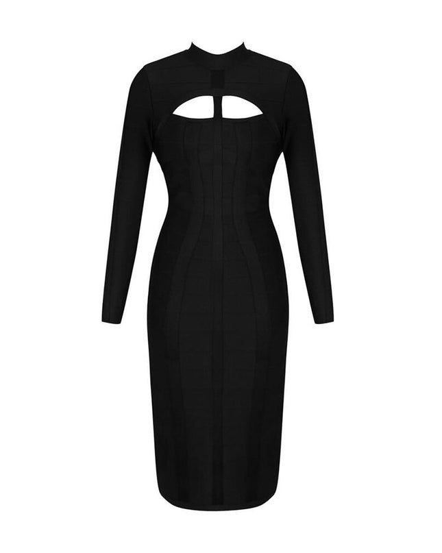 Women Bodycon Bandage Dress White Long Sleeve Hollow Out Club Dress Vestidos Celebrity Evening Party Midi Dress