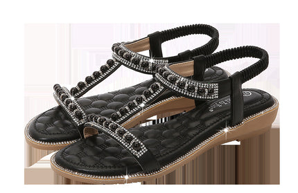 Hand-String Pearl I-Shaped Flat Sandals