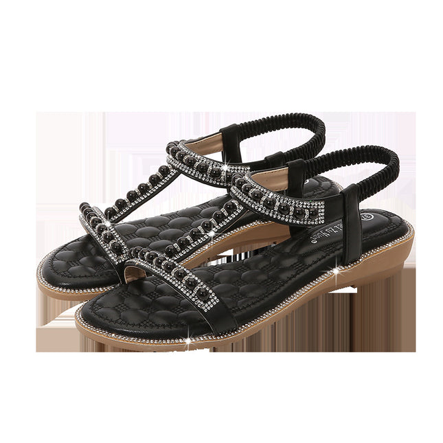 Hand-String Pearl I-Shaped Flat Sandals