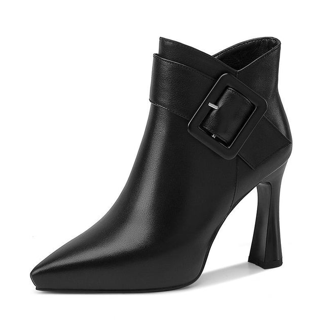 Pointed Toe High Heel Ankle Boots with Buckle