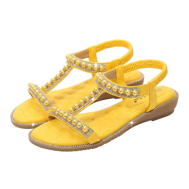 Hand-String Pearl I-Shaped Flat Sandals