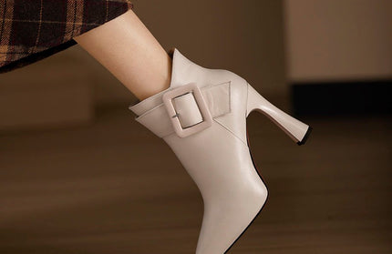 Pointed Toe High Heel Ankle Boots with Buckle