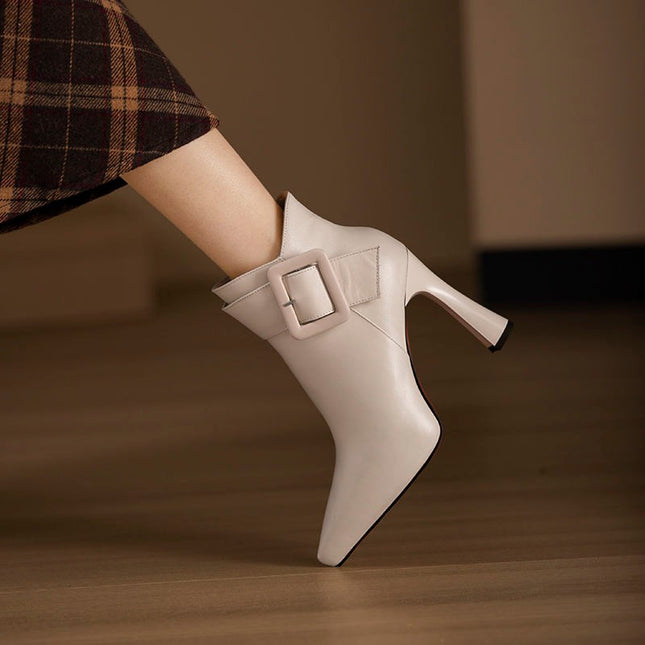 Pointed Toe High Heel Ankle Boots with Buckle