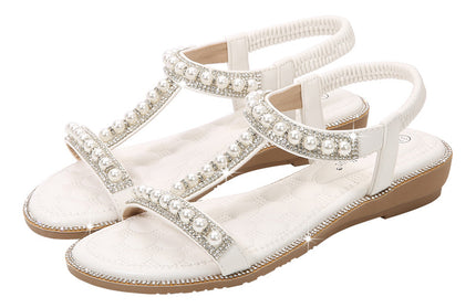 Hand-String Pearl I-Shaped Flat Sandals