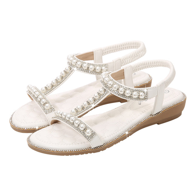 Hand-String Pearl I-Shaped Flat Sandals