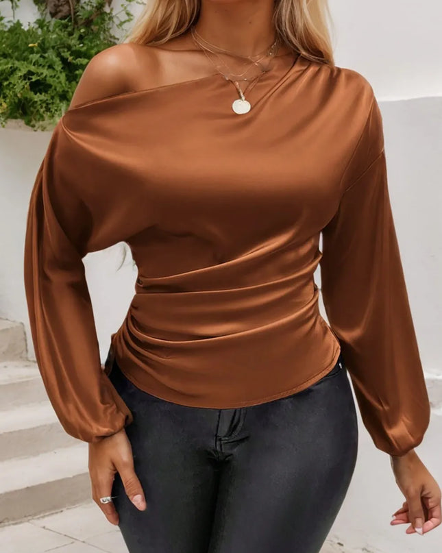 Drawstring One Shoulder Long Sleeve Blouse