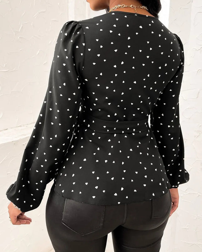 Heart Print Balloon Sleeve Shirt