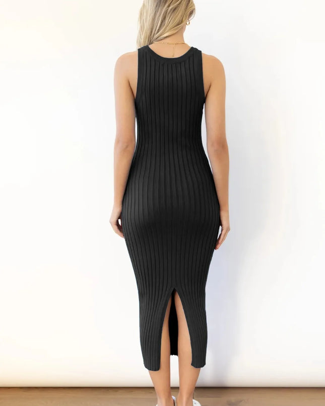 Slit Ribbed Round Neck Sleeveless Dress