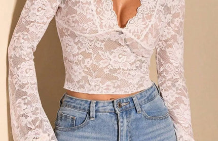 Sexy Transparent Lace Flared Long Sleeved Shirt
