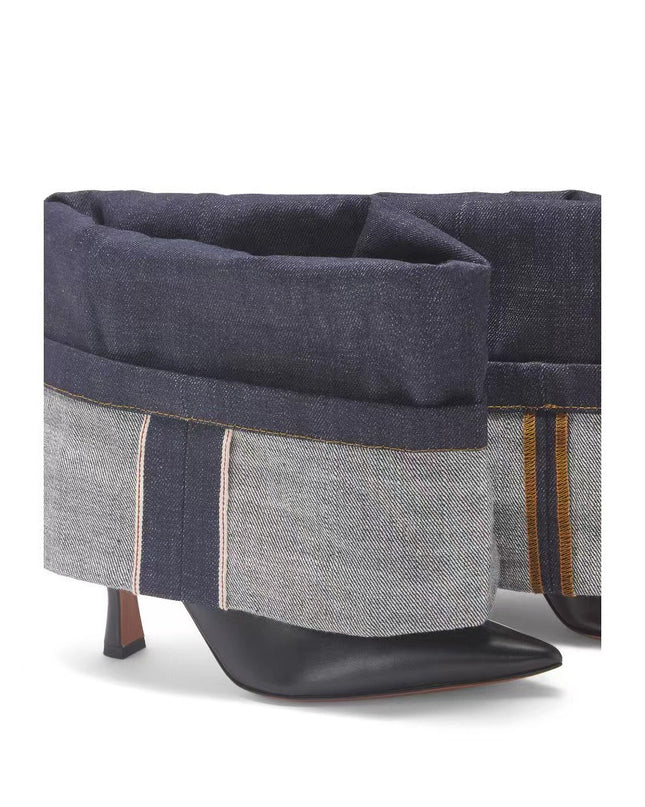 Women's denim color block pointed toe high heel short boots sexy trouser boots