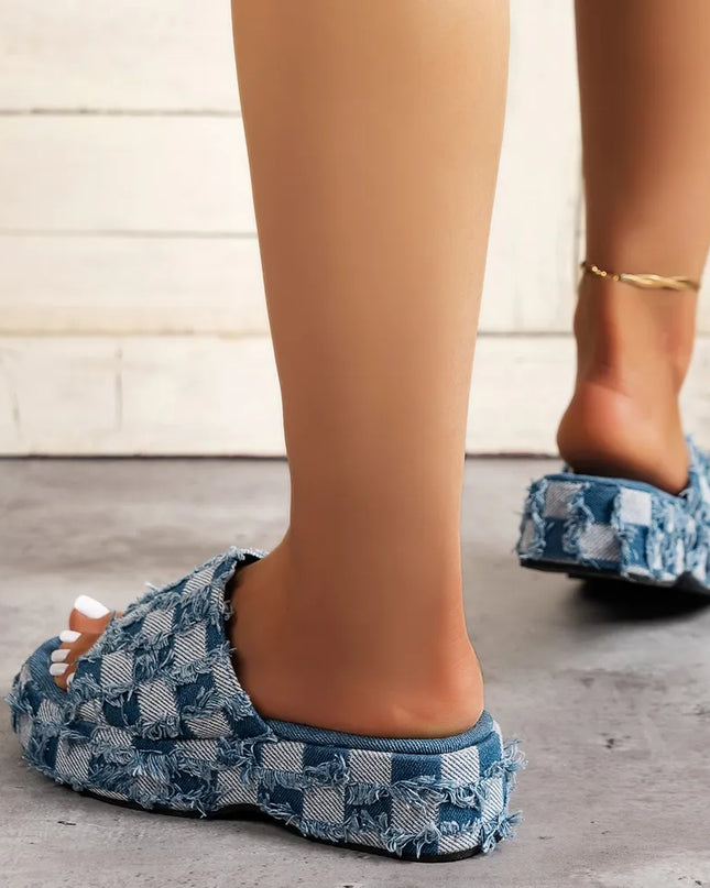 Raw Hem Plaid Platform Sandals