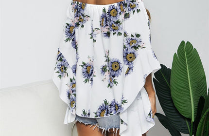 Spring And Summer New Ladies Sunflower Print One-Shoulder Off-The-Shoulder Top - Hey Love Boutique