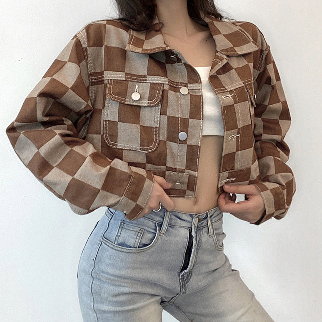 Vintage Brown Plaid Print Short Denim Jacket