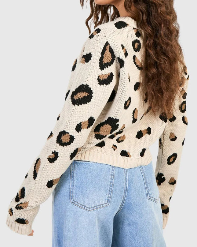 Tied Leopard Round Neck Cardigan