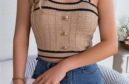 Decorative Button Wide Strap Knit Crop Top