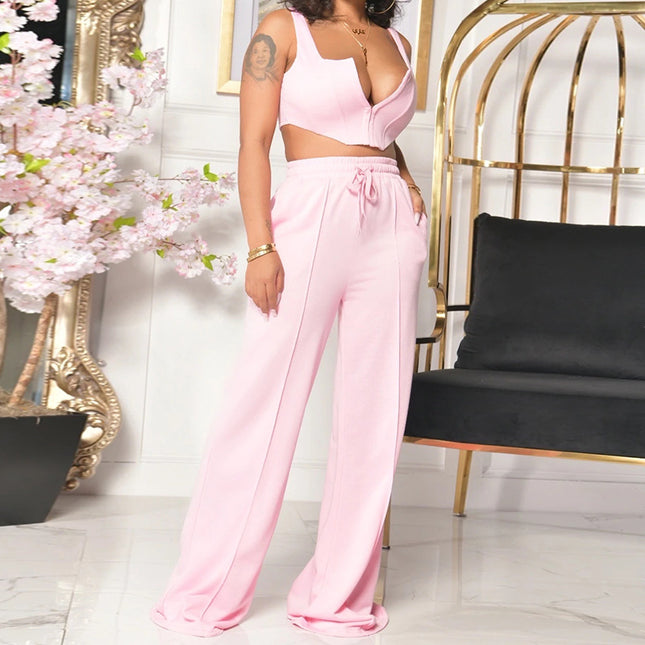 Spring And Summer New Women's Solid Color Sexy Loose Wide Leg Pants Two Piece Set