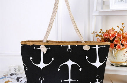 Straw Weave Printed Anchor Tote Bag