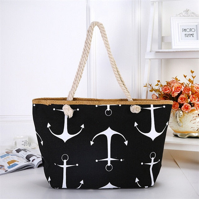 Straw Weave Printed Anchor Tote Bag
