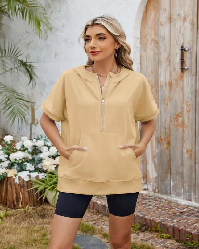 Half Zip Short Sleeve Hooded Top