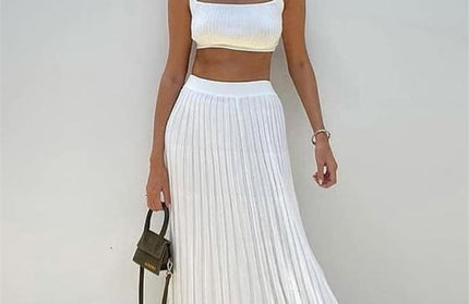 Ribbed Tank Top And Pleated Knitted Skirt Set