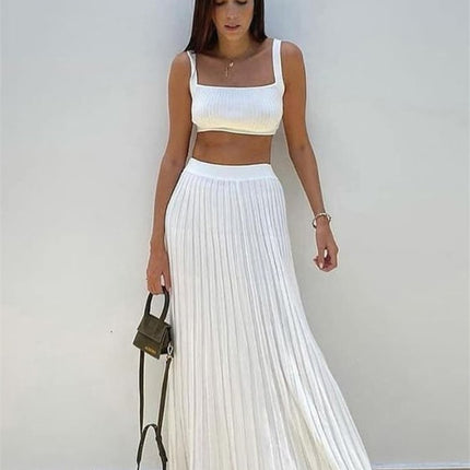 Ribbed Tank Top And Pleated Knitted Skirt Set