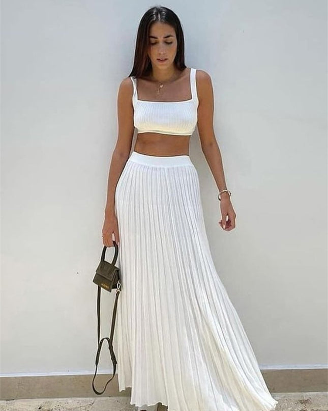 Ribbed Tank Top And Pleated Knitted Skirt Set