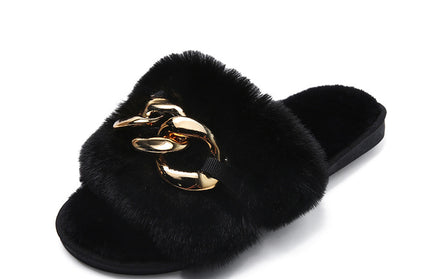 Winter New Style Round Head Metal Chain Multicolor One Line Wool Slippers - Hey Love Boutique