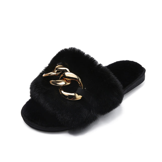 Winter New Style Round Head Metal Chain Multicolor One Line Wool Slippers - Hey Love Boutique