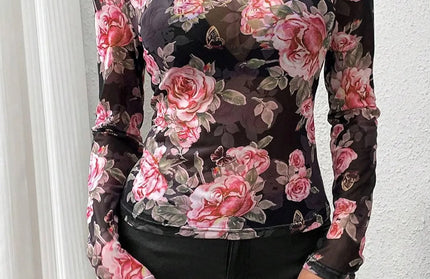 Mesh Floral Mock Neck Long Sleeve Shirt