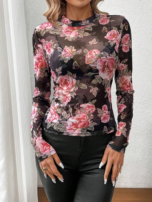 Mesh Floral Mock Neck Long Sleeve Shirt