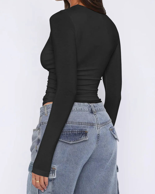Ruched Asymmetrical Neck Long Sleeve T-Shirt